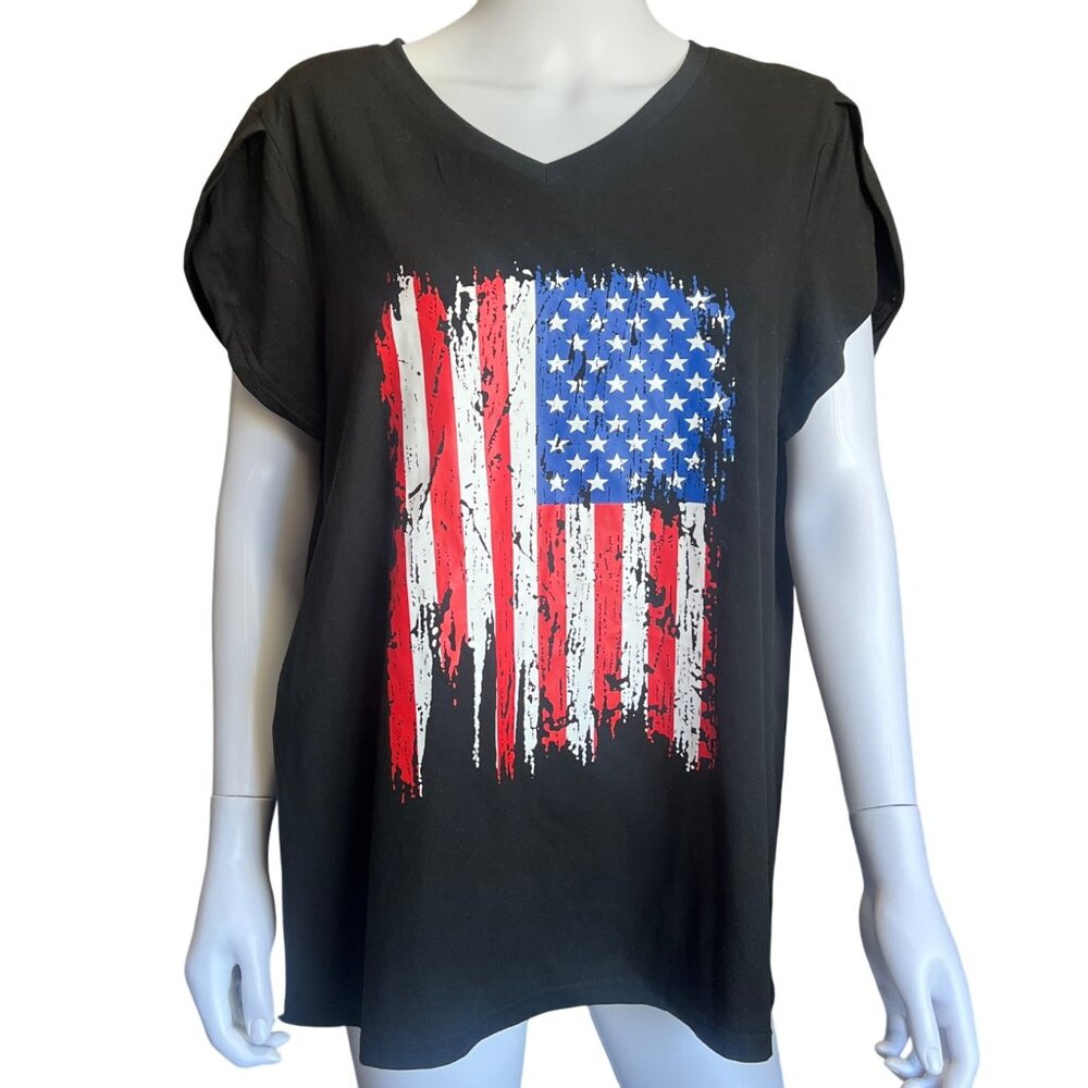 Roshop Black Oversized V-Neck T-Shirt w/ Distressed American Flag Womens Size XL